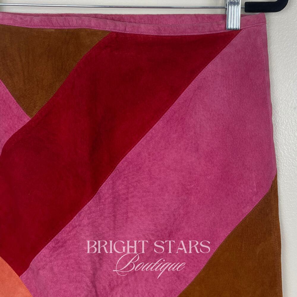 Rare Colorblock Suede Skirt ASO Phoebe Buffay Friends Pink Red Brown Patchwork - Picture 10 of 11